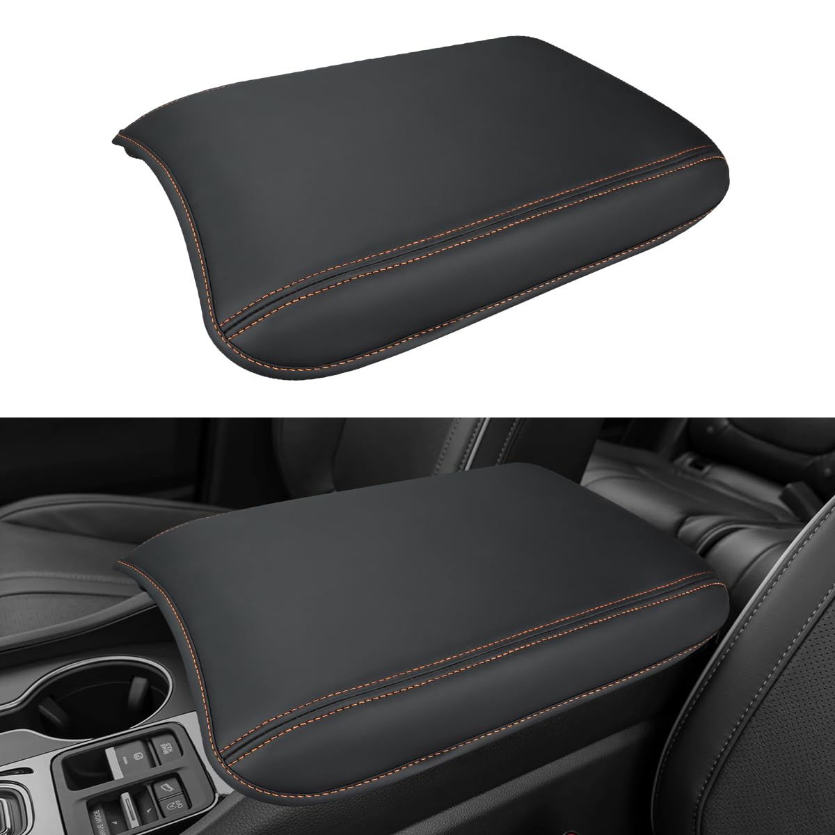 INTGET center console cover for Honda Pilot with orange stitches protects the armrest from spills and scuffs