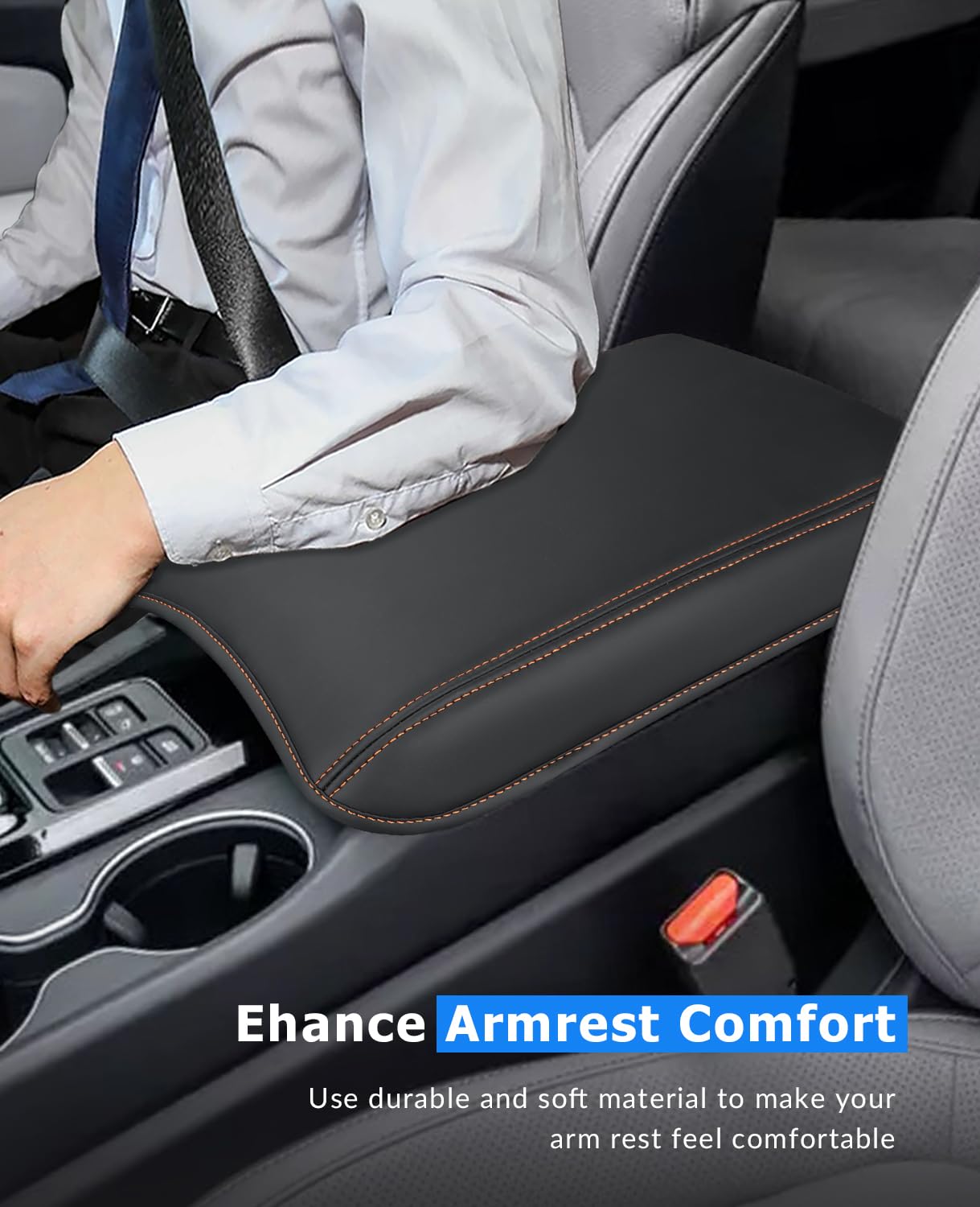 INTGET center console cover with orange stitching offers a pet-friendly, secure surface for passengers