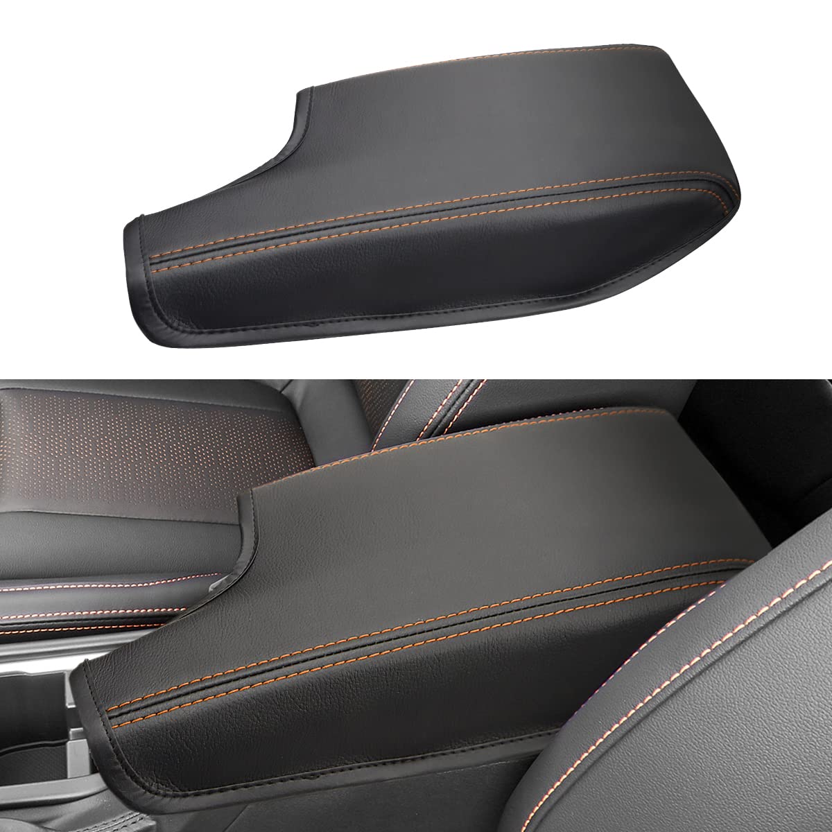 INTGET Crosstrek armrest cover in orange stitching protects the center console from wear.