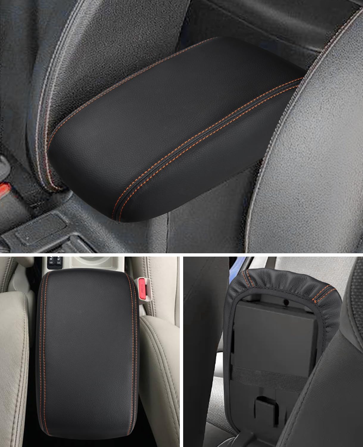 INTGET Crosstrek Impreza armrest cover close-up highlights orange stitching and durable leather.