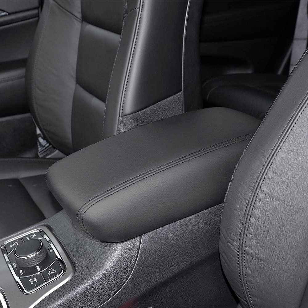 INTGET Grand Cherokee armrest cover close-up of black stitching on PU leather