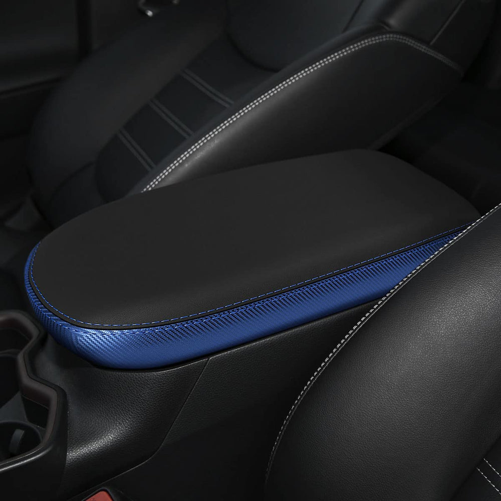 INTGET RAV4 console cover in black with blue stitching complements interior.