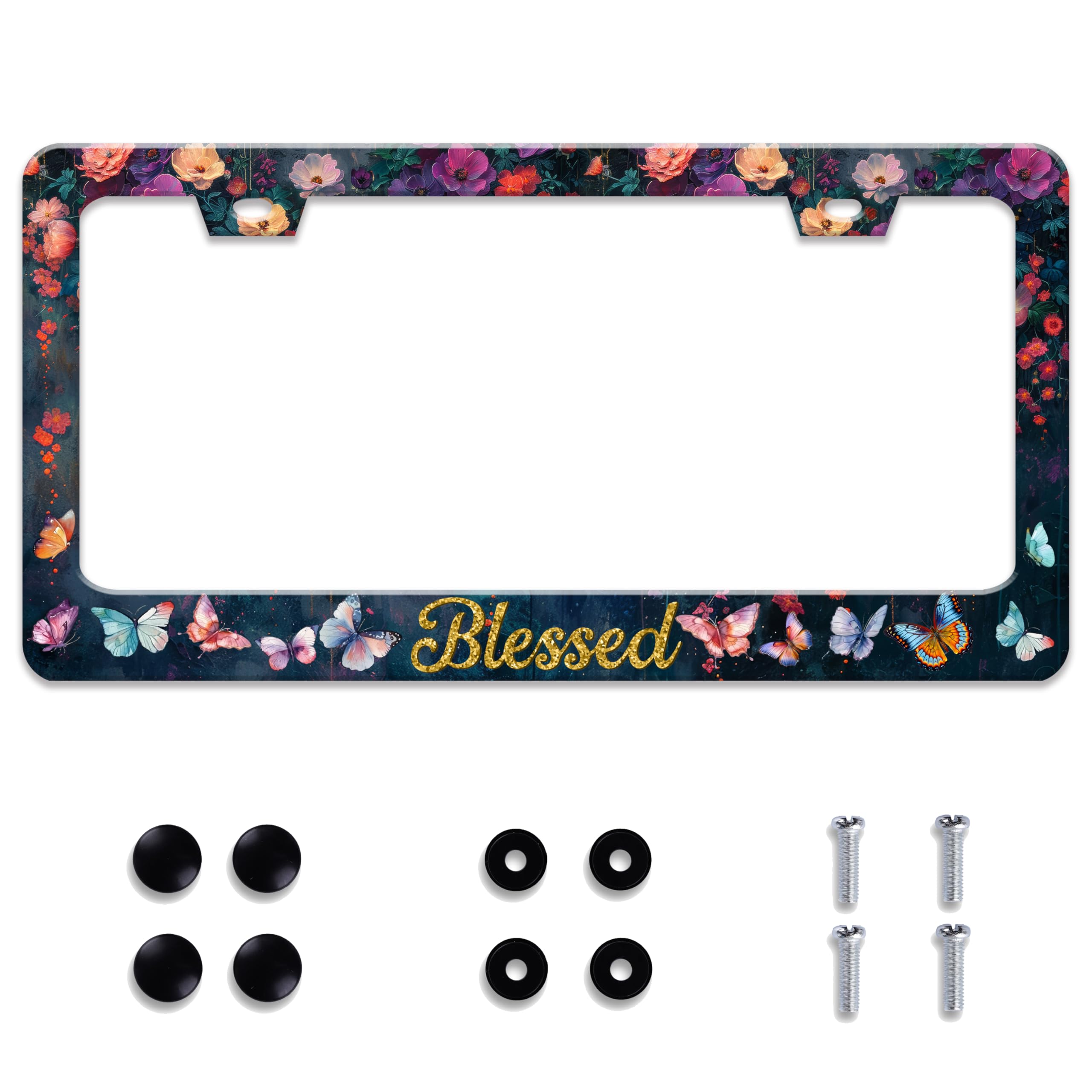 Invincibleframe Blessed Butterfly Flower license frame front view with durable stainless steel and stylish detail.
