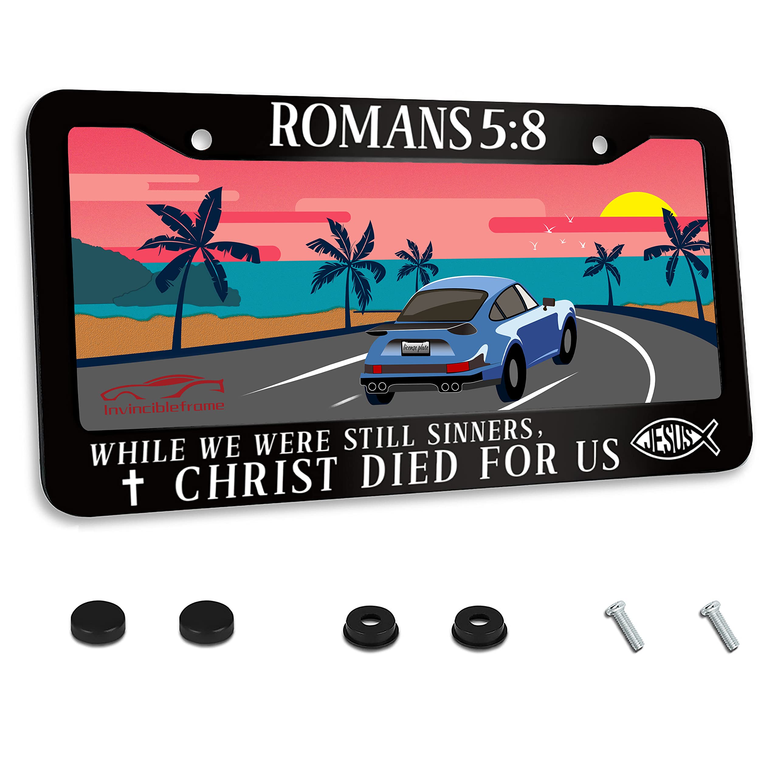 Invincibleframe Jesus Verse license plate frame front view, durable stainless steel for daily road use
