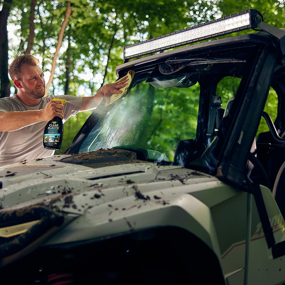 Invisible Glass cleaner used on golf cart windshield for haze-free shine.