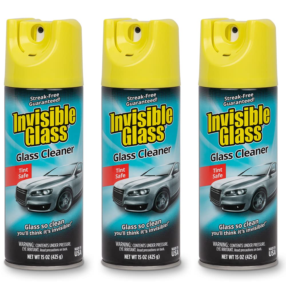 Invisible Glass foam aerosol cleaner on car windows delivers a streak-free shine
