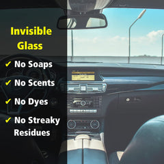 Interior windshield surfaces treated with Invisible Glass for haze-free clarity.