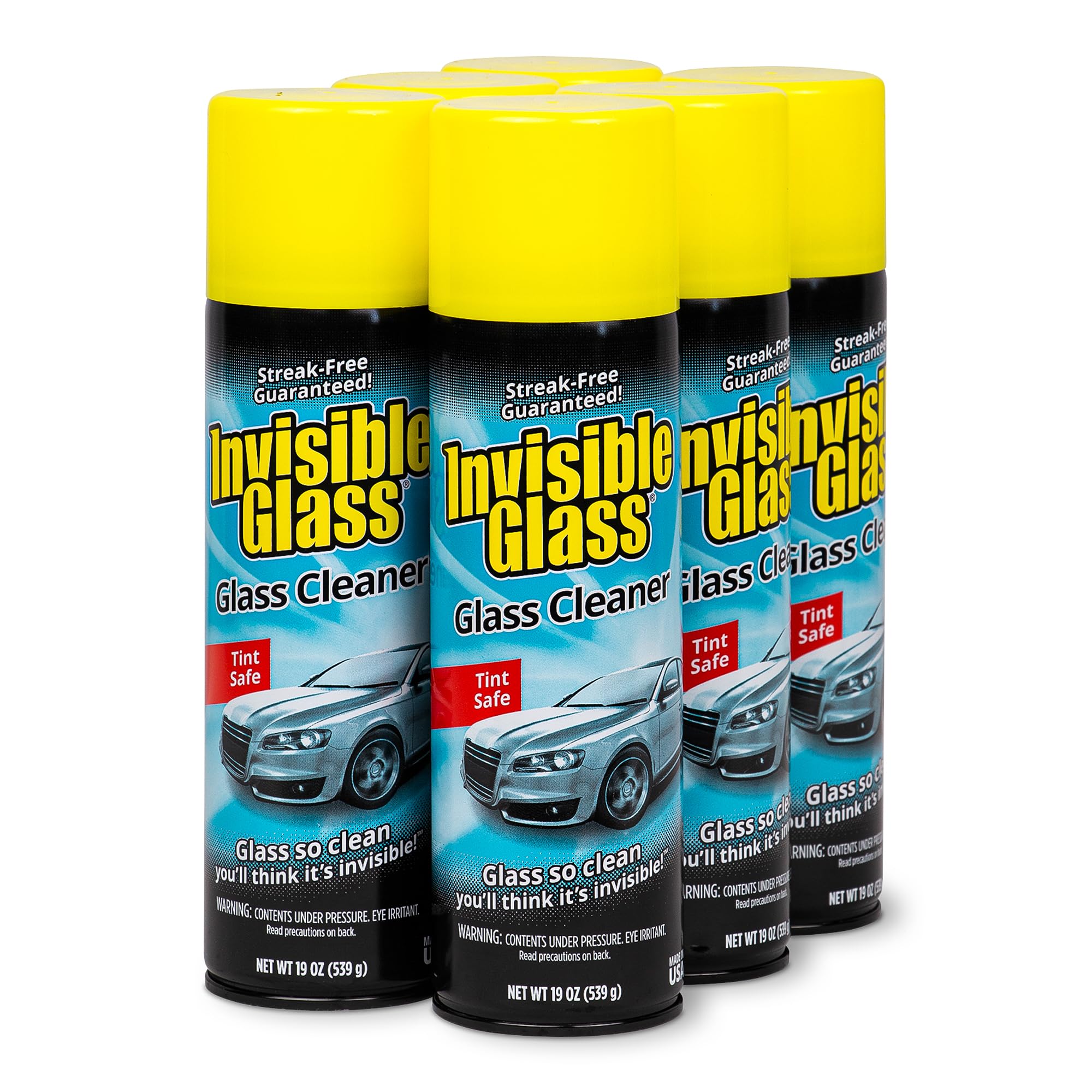 Invisible Glass streak-free finish on car windows and home glass surfaces.