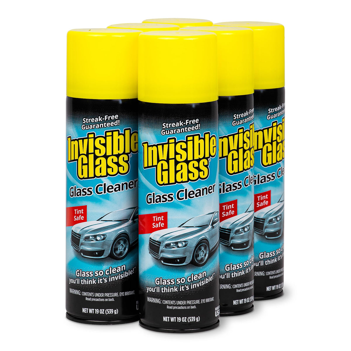 Invisible Glass streak-free finish on car windows and home glass surfaces.