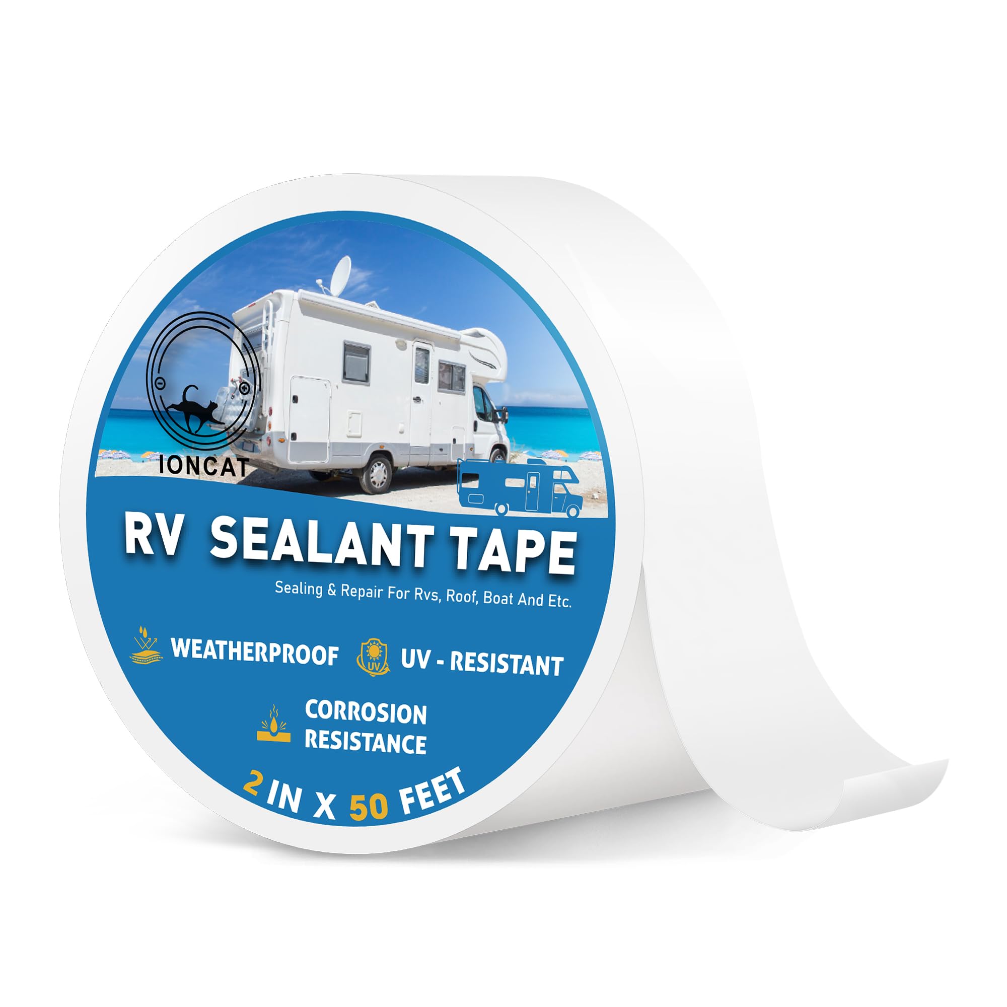 IONCAT RV Roof Sealant Tape close-up on white tape for leaks on RV roofs