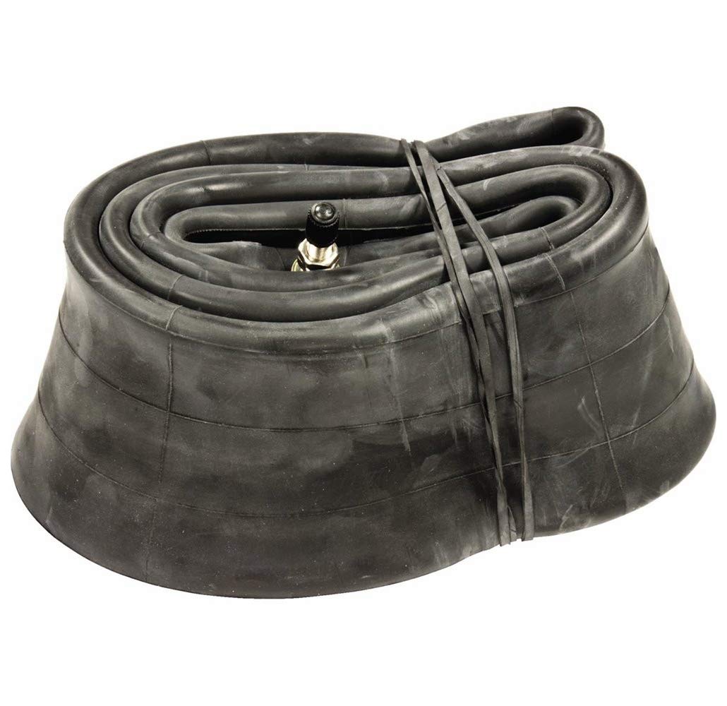 IRC standard motorcycle tube 80/100-12 viewed from the side, showing durable construction.