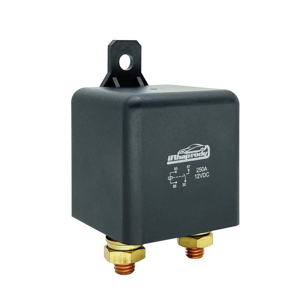 iRhapsody 250A 4-pin relay, top view, ready for high-current vehicle installations.
