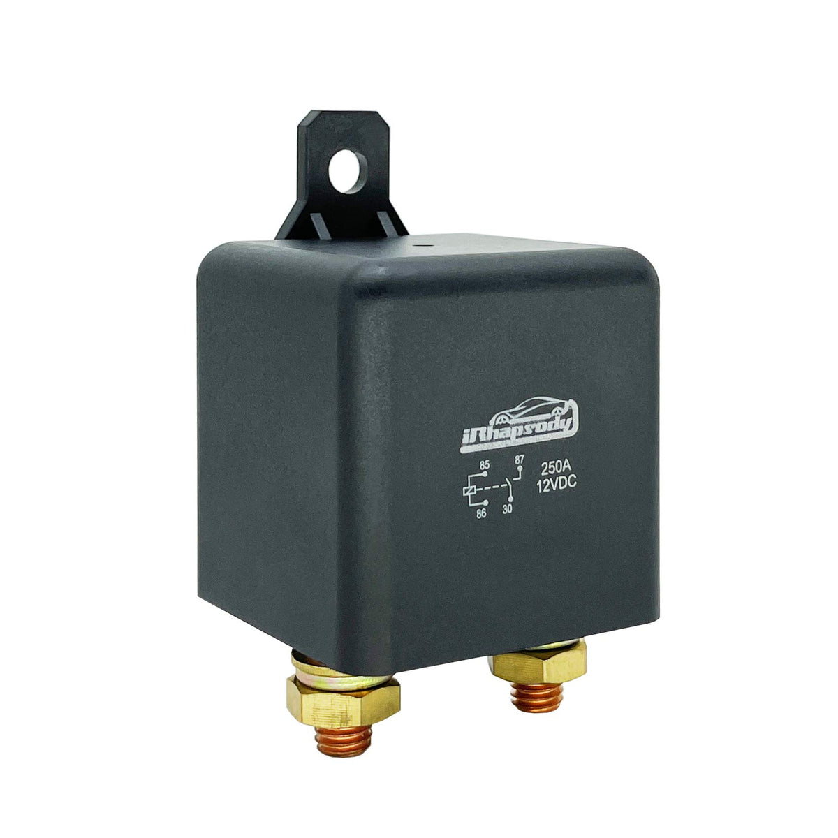 iRhapsody 250A 4-pin relay, top view, ready for high-current vehicle installations.