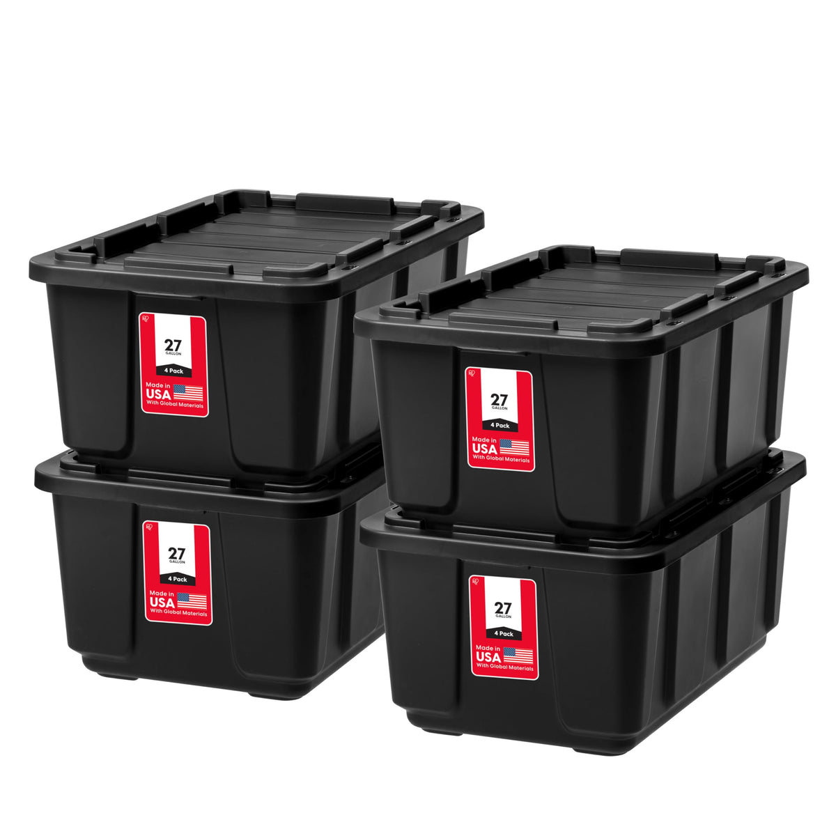 IRIS USA 4-pack 27-gallon storage bins with lids for secure stacking.
