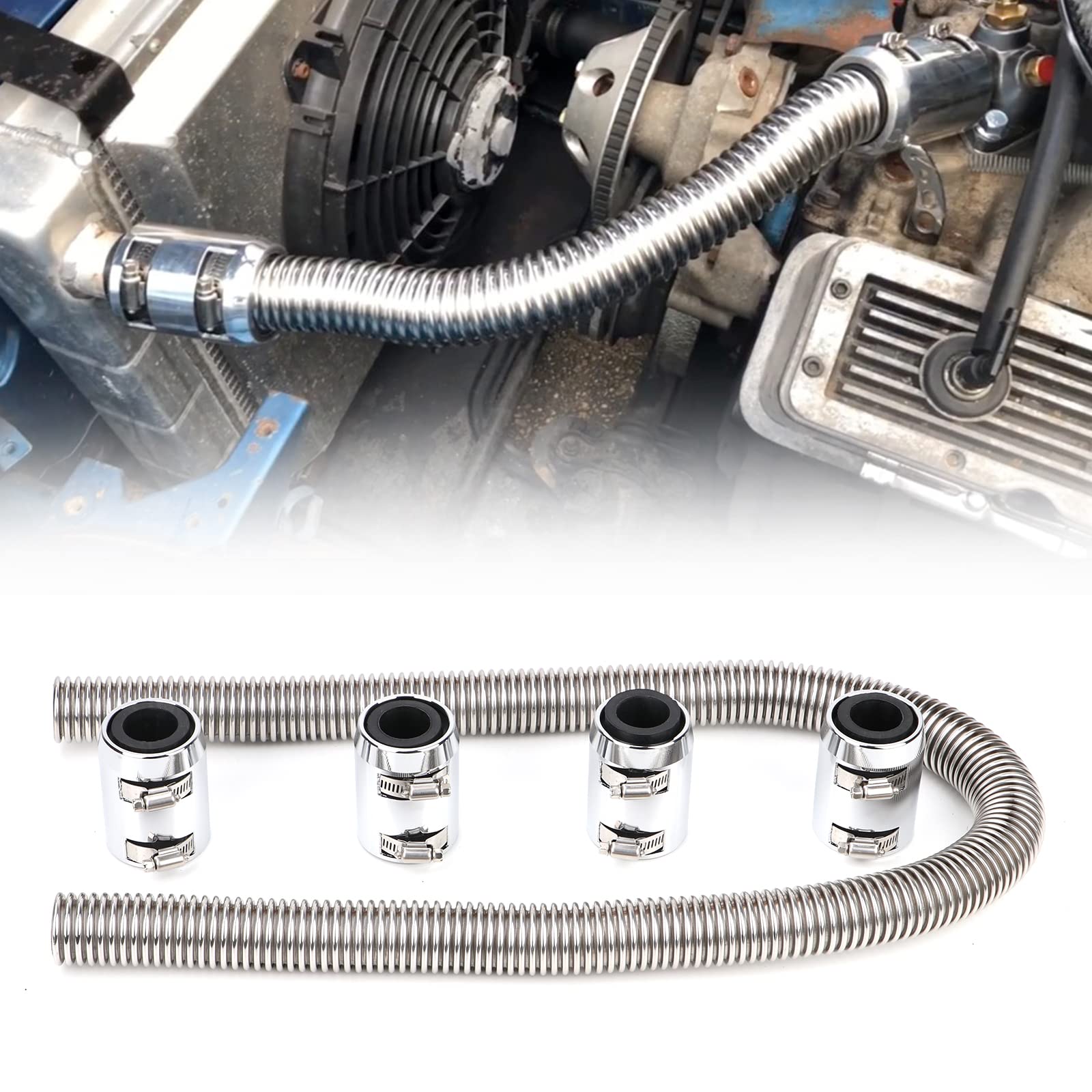 iRKY 48 inch stainless steel flex hose showing flexible routing for radiator connections