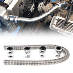 iRKY 48 inch stainless steel flex hose showing flexible routing for radiator connections