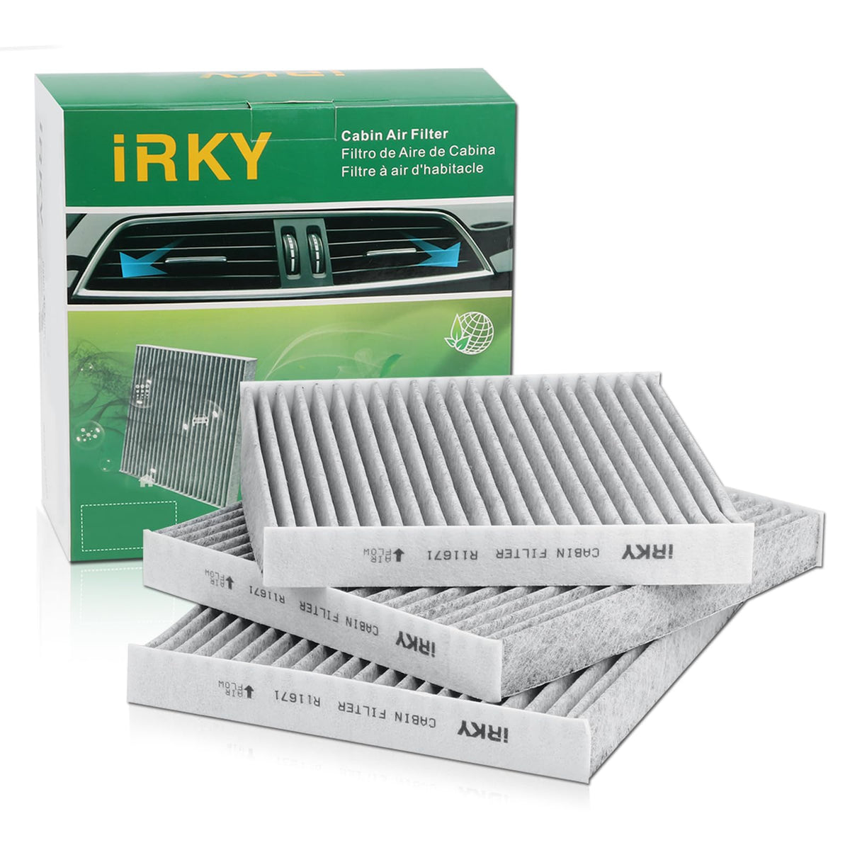iRKY cabin air filter for RAM 1500, front view, supports cleaner cabin air