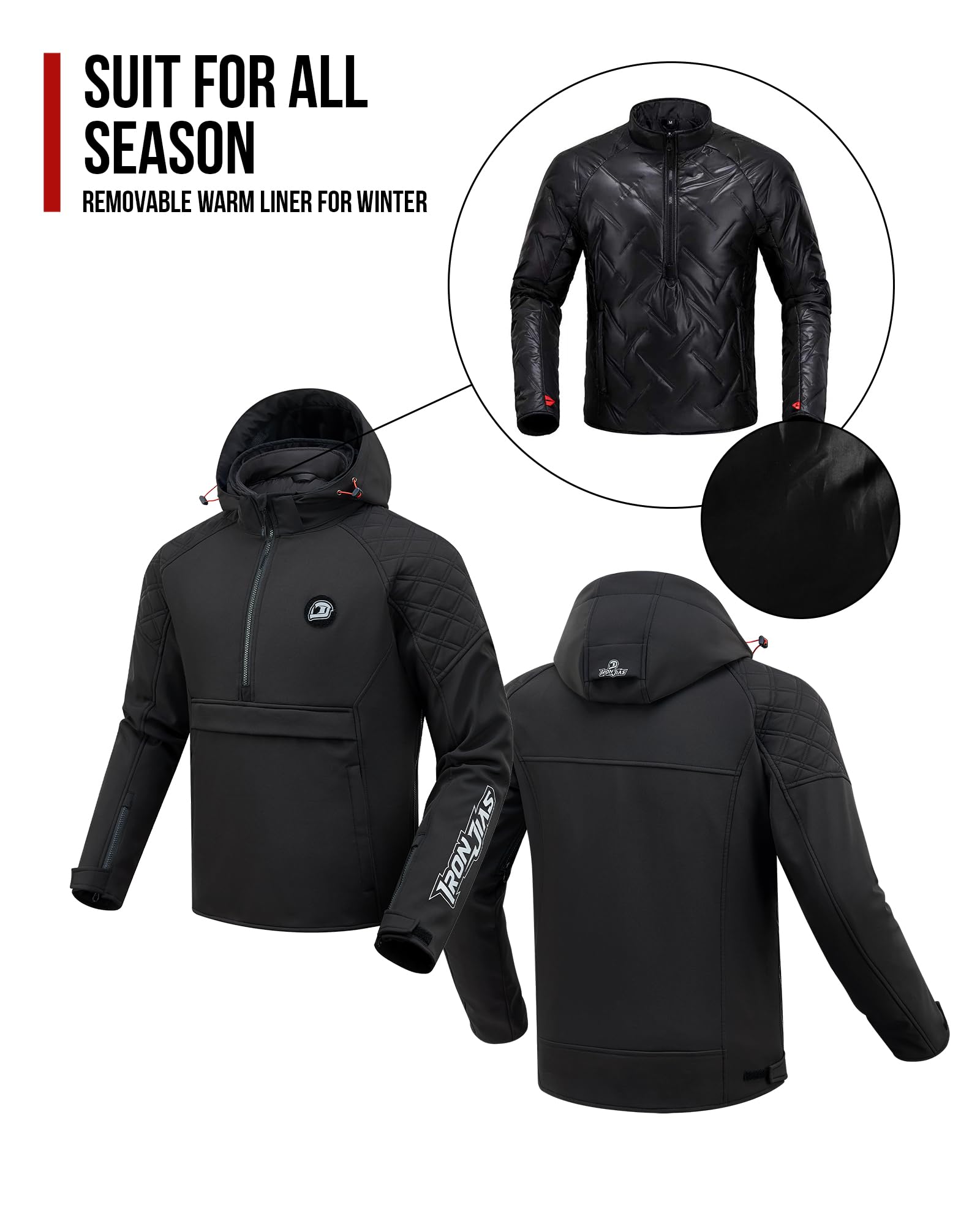 IRON JIA'S jacket removable EVA back protector adds customizable protection.
