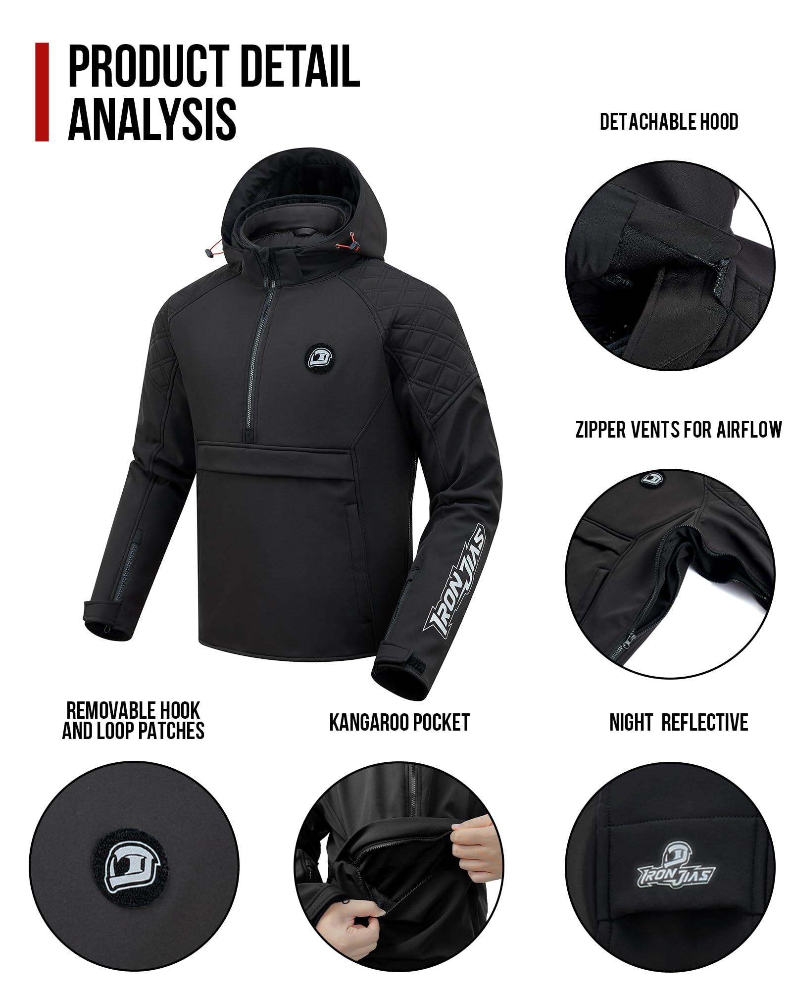IRON JIA'S jacket CE-certified armor at elbows and shoulders for impact defense.