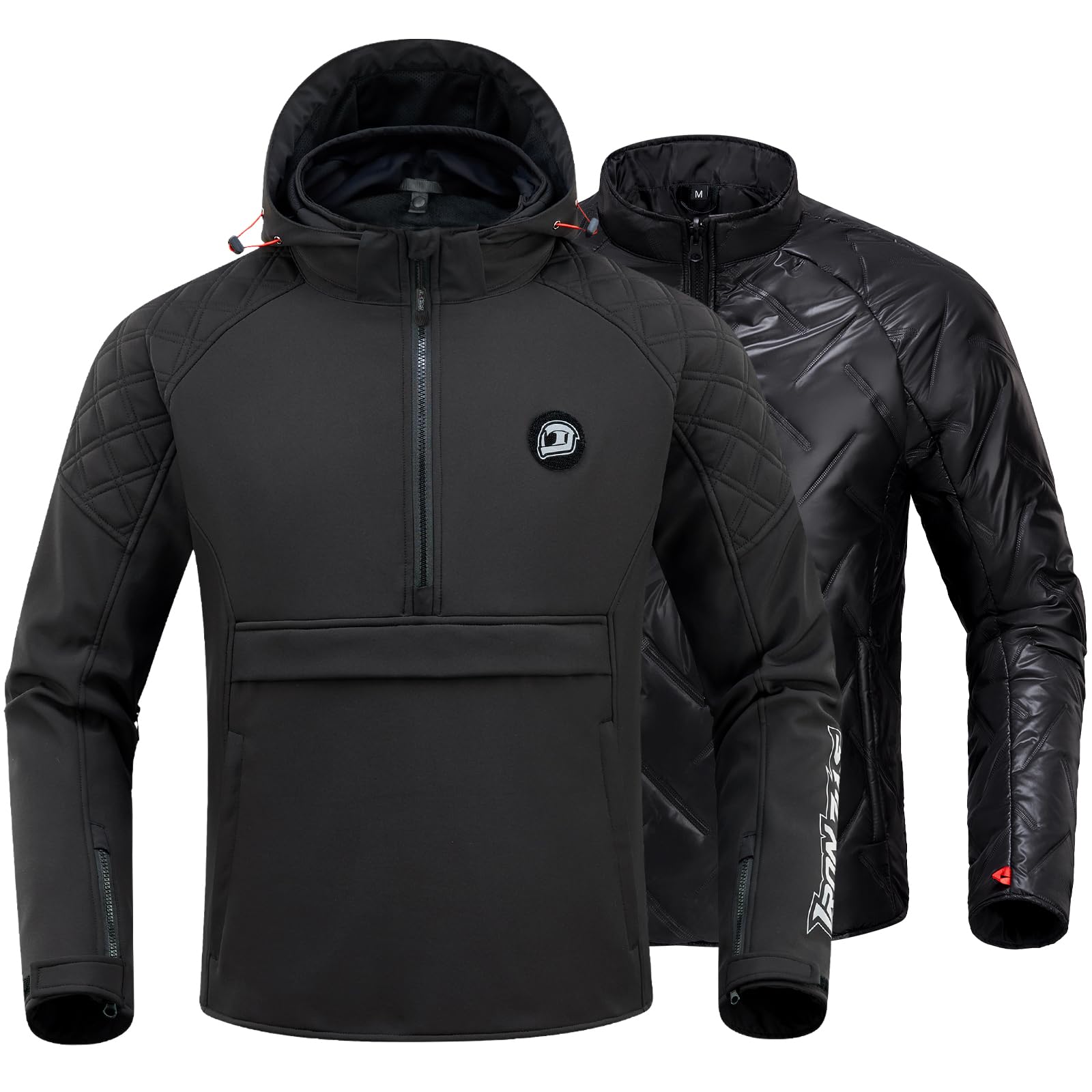 IRON JIA'S motorcycle jacket front view, windproof outer shell ideal for year-round riding.
