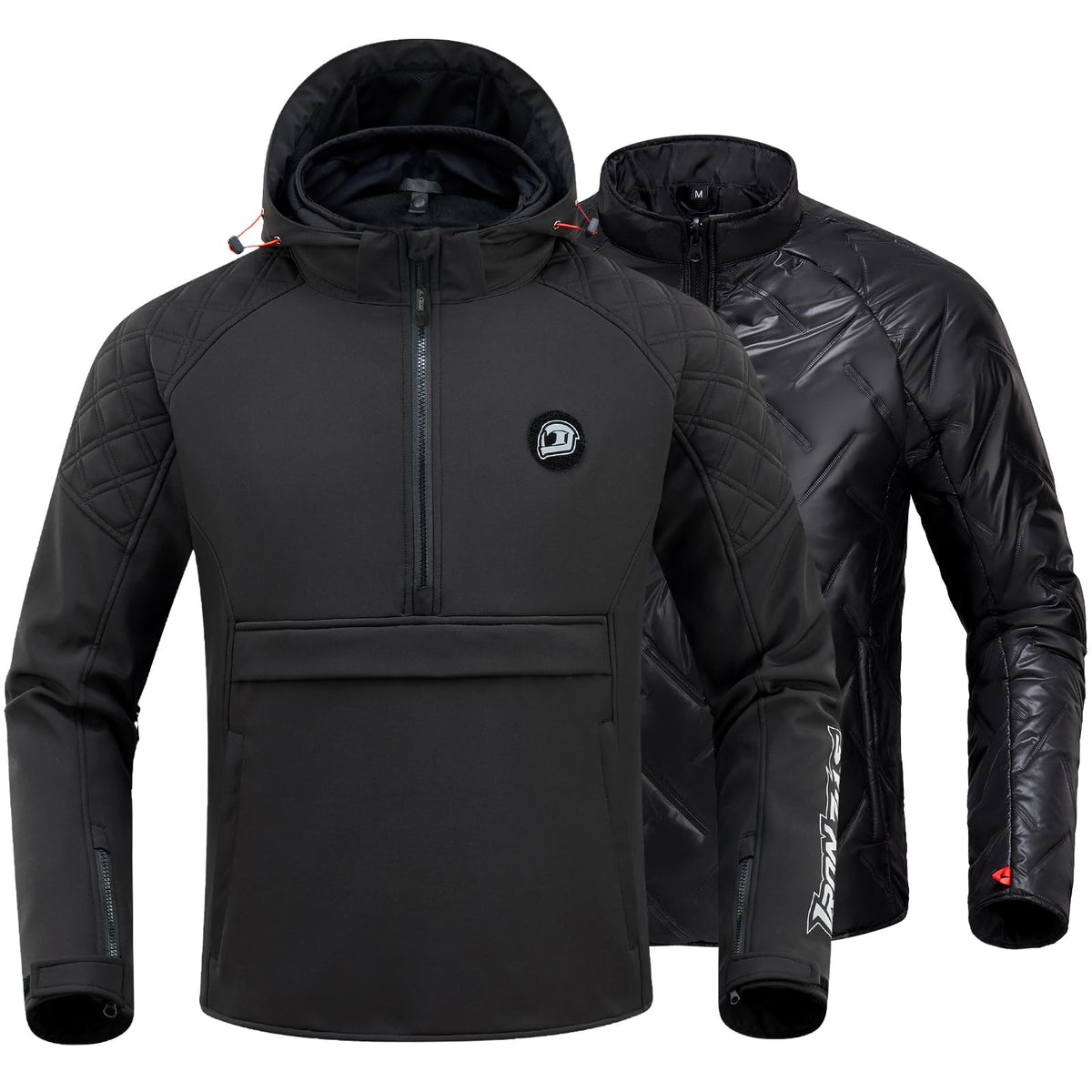 IRON JIA'S motorcycle jacket front view shows windproof shell for a sleek riding silhouette.
