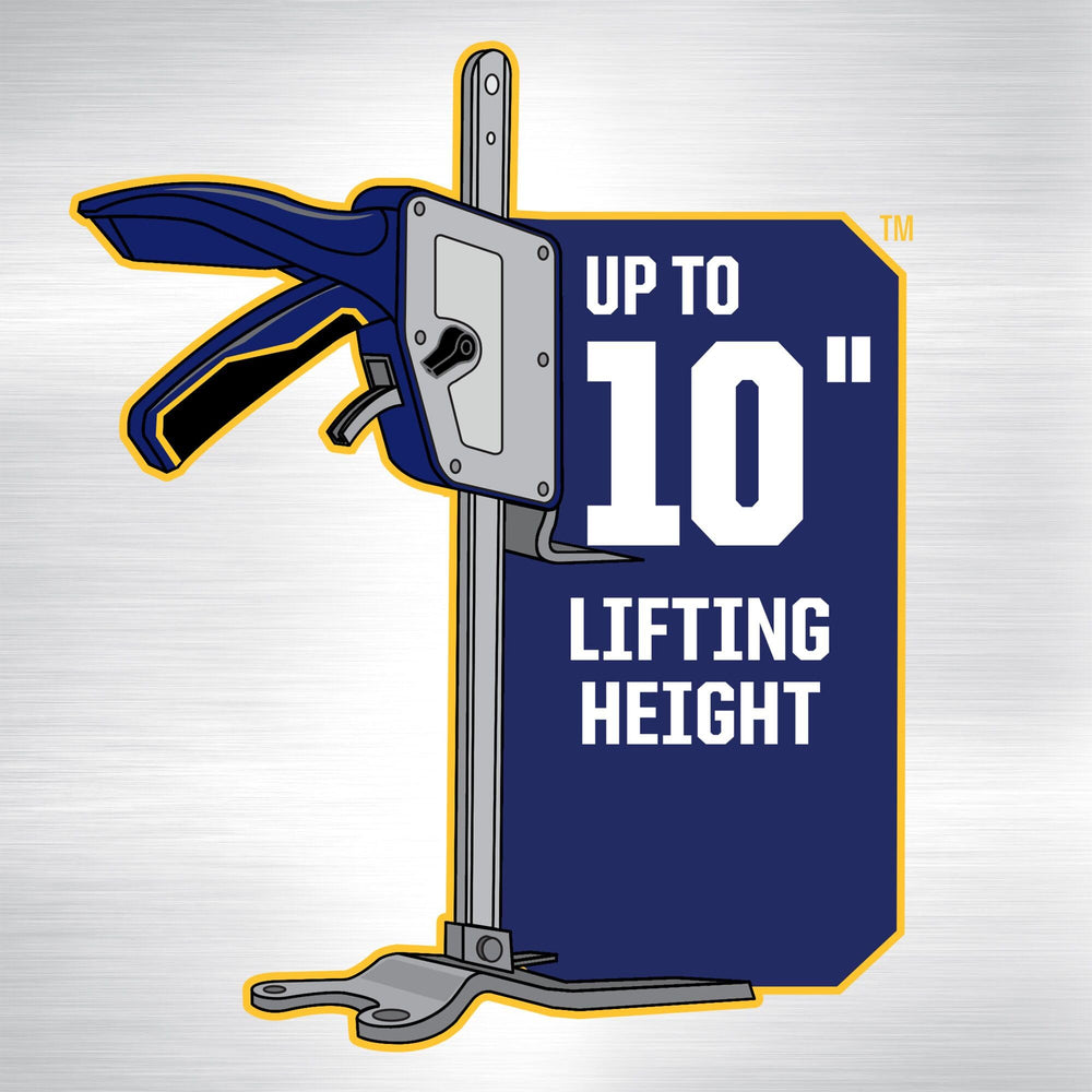 IRWIN Quick-Lift 10in reach enables lifting to 10 inches for cabinets and appliances.