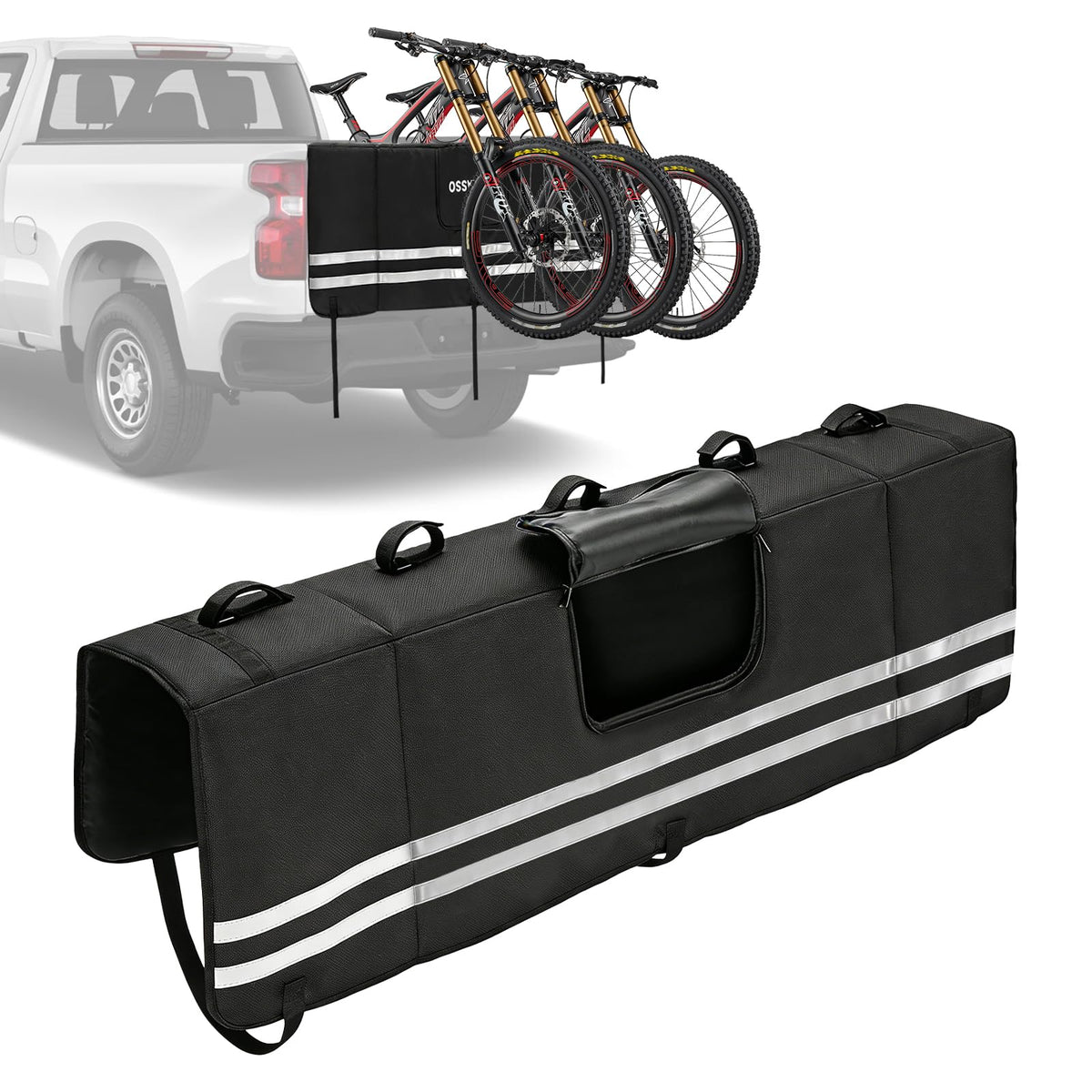 ISINLASSO Tailgate Bike Pad fits 51–56 inch tailgates for mid-size trucks.