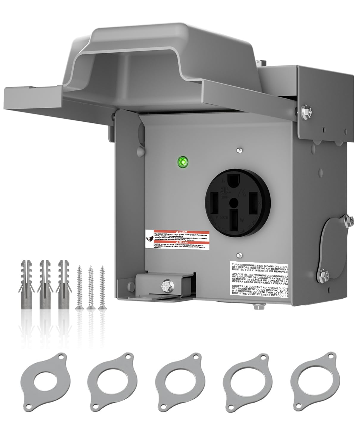 Islewire 50 Amp RV outlet box front view showing weatherproof exterior and rugged build