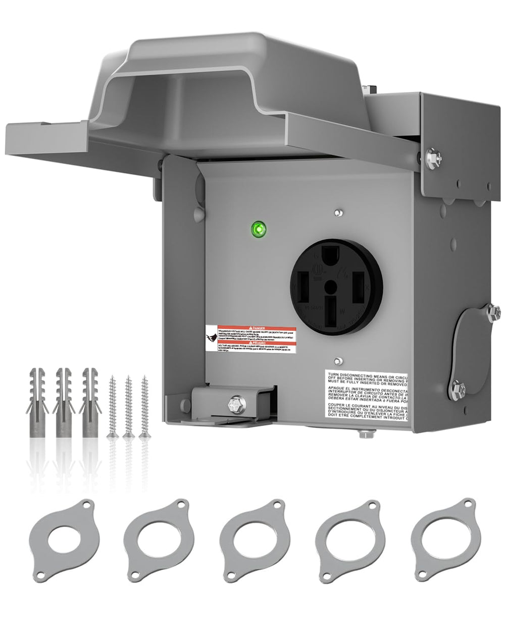 Islewire 50 Amp RV outlet box front view showing weatherproof exterior and rugged build