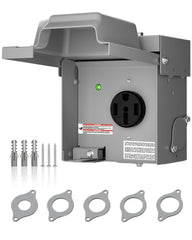 Islewire 50 Amp RV outlet box front view showing weatherproof exterior and rugged build