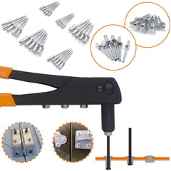 Replaceable nosepieces and wrench included for versatile riveting projects.