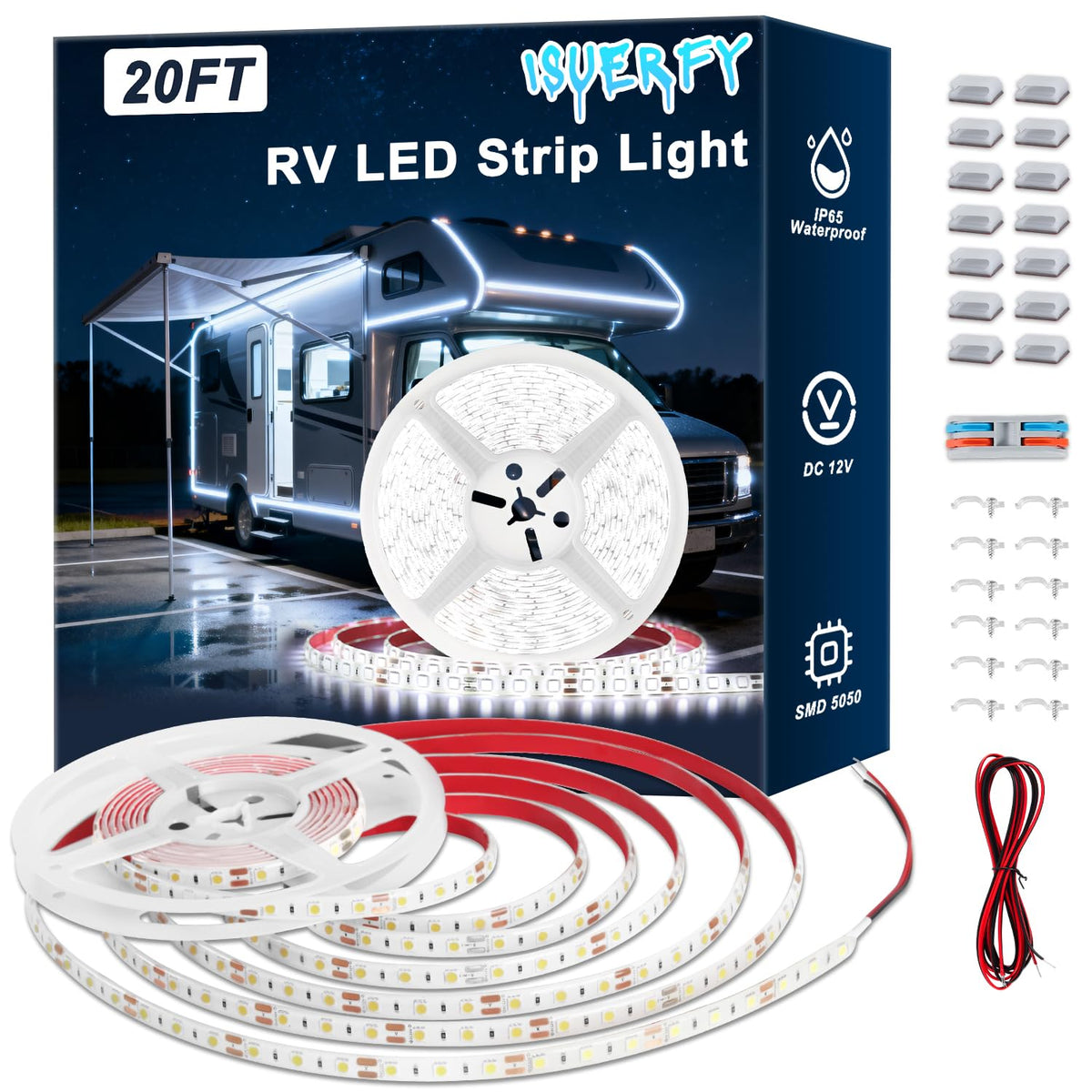 ISUERFY RV awning LED strip across 20ft for bright exterior illumination