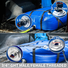 ITRAZ bladder in use during RV camping setup and outdoor shower.