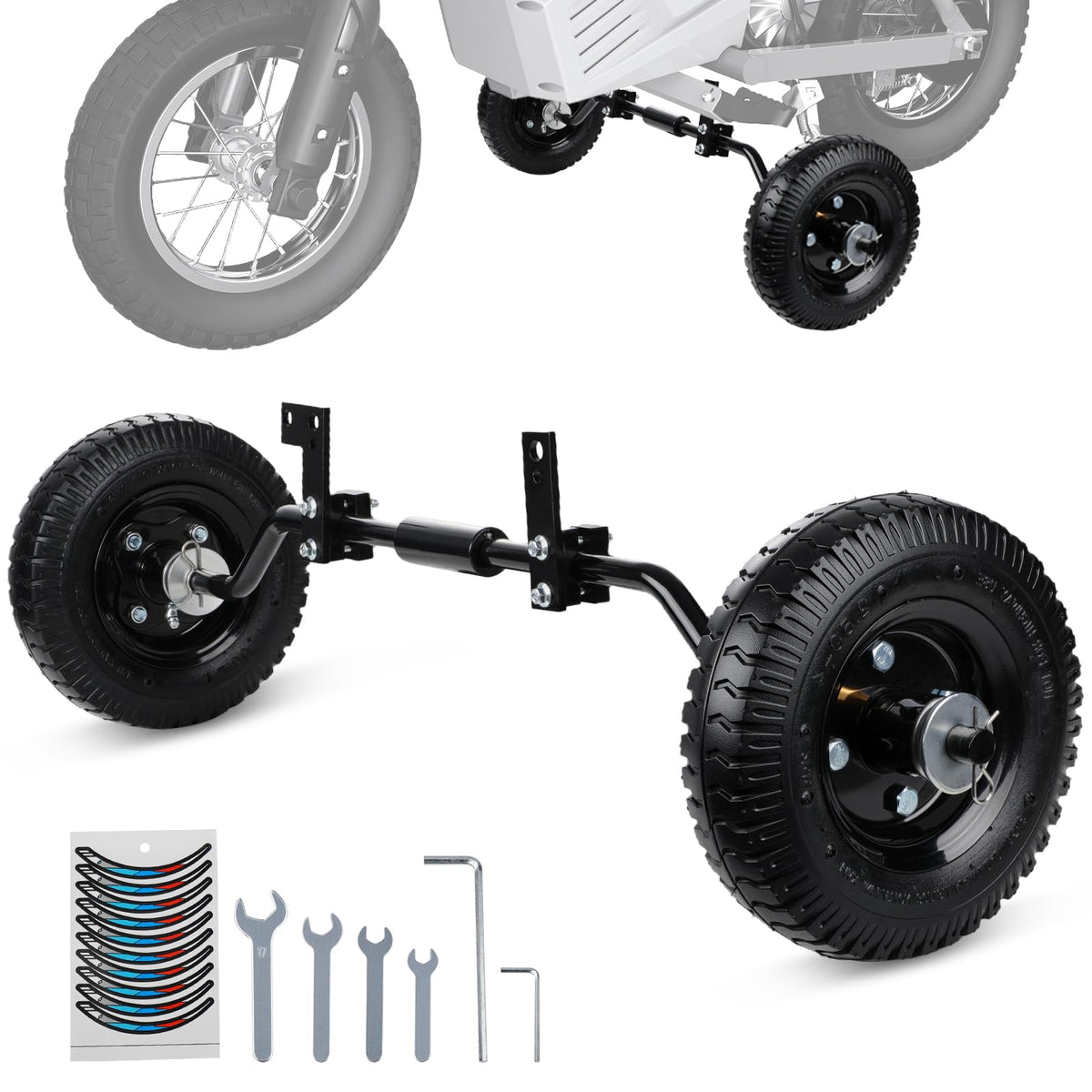 IUVWISN dirt bike training wheels mounted for stable learning on 49cc/50cc models.