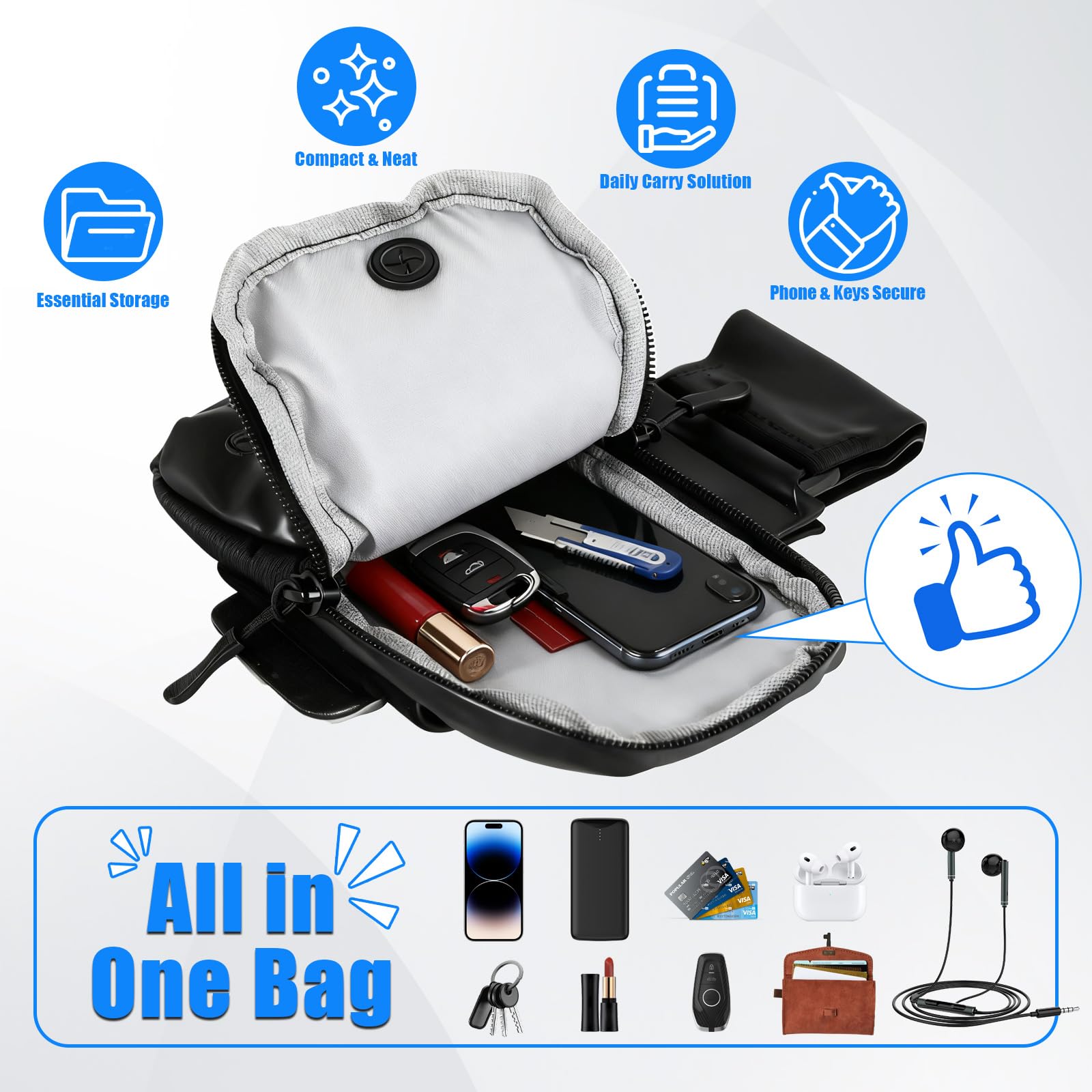 IUVWISN bag open with organized compartments for phone and cards