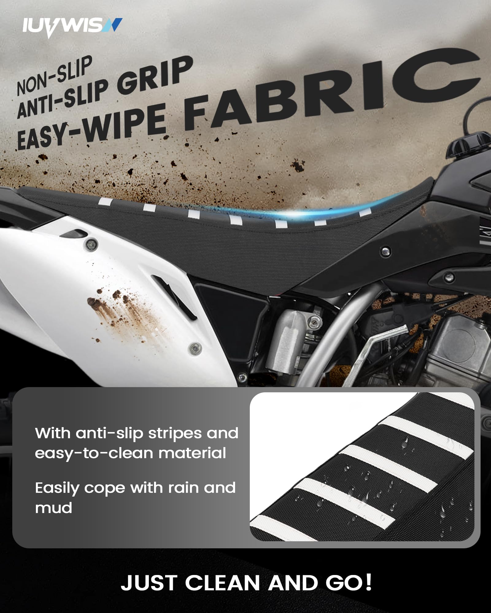 IUVWISN dirt bike seat cover bold racing-inspired design enhances bike appearance.