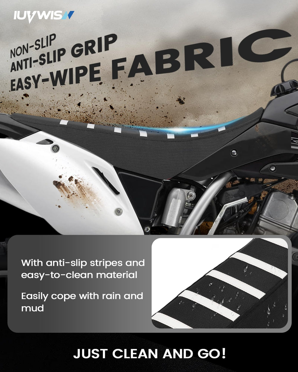 IUVWISN dirt bike seat cover bold racing-inspired design enhances bike appearance.