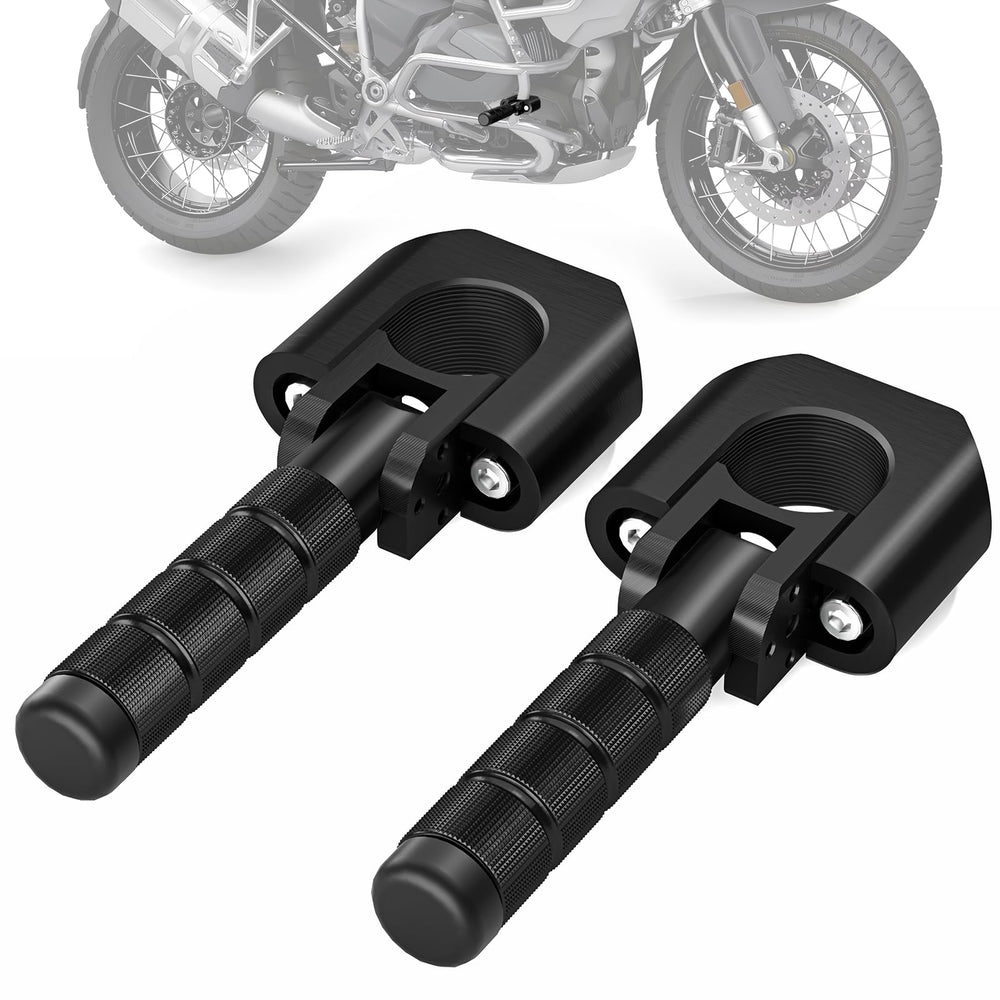 IUVWISN highway foot pegs on a crash bar for secure 7/8-1.25 inch fit.