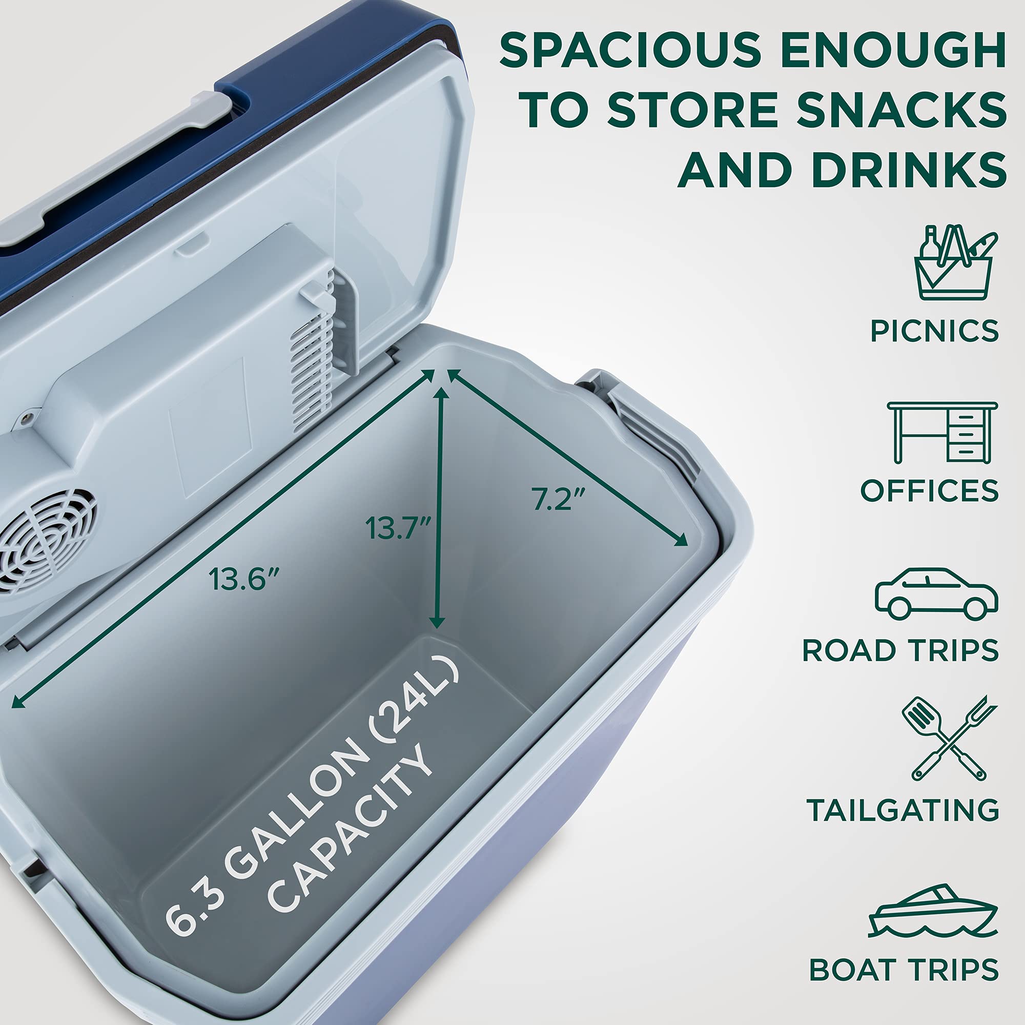 Ivation 24L cooler lid open, showcasing large interior for bottles and meals.