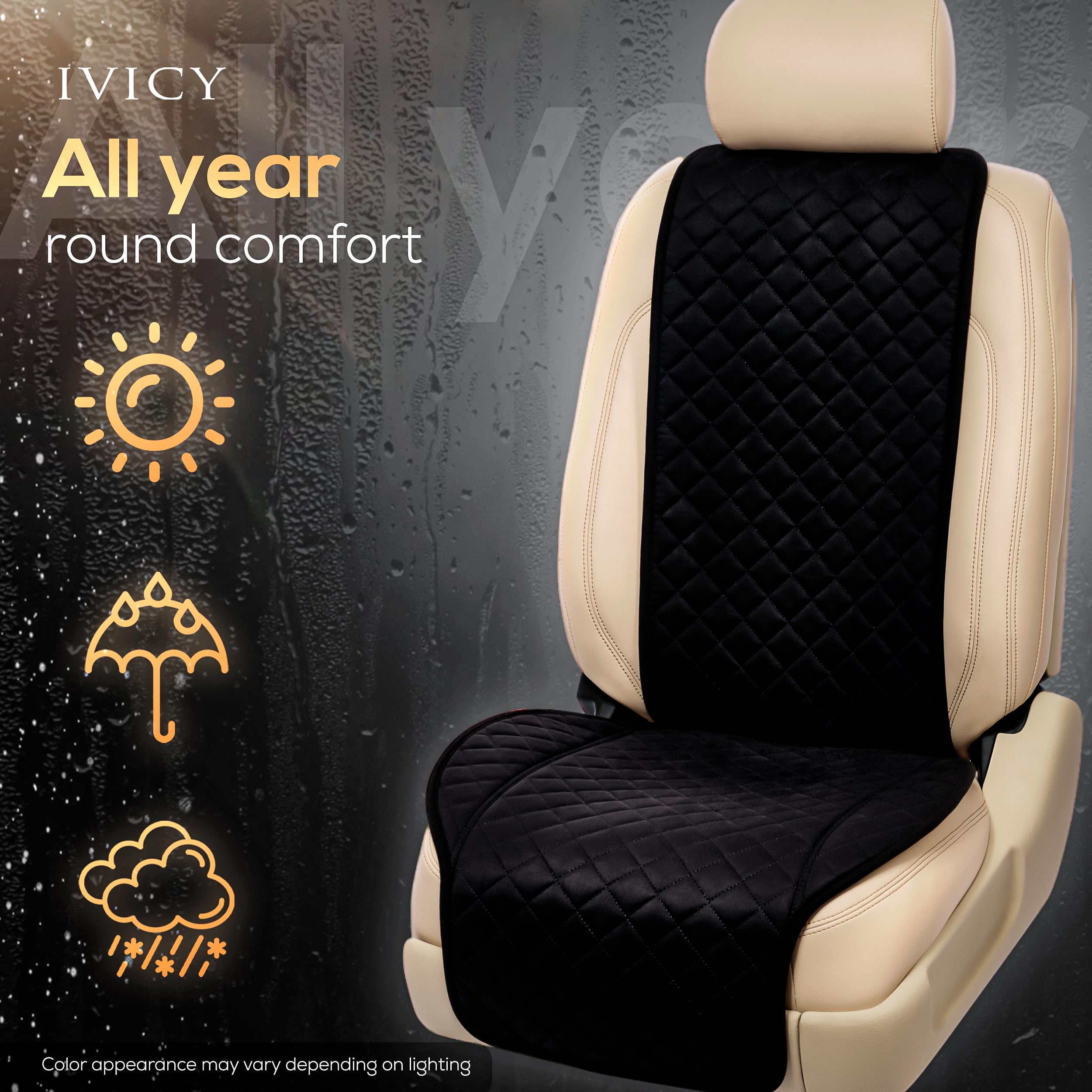 IVICY black front seat cover looks different under lighting conditions.
