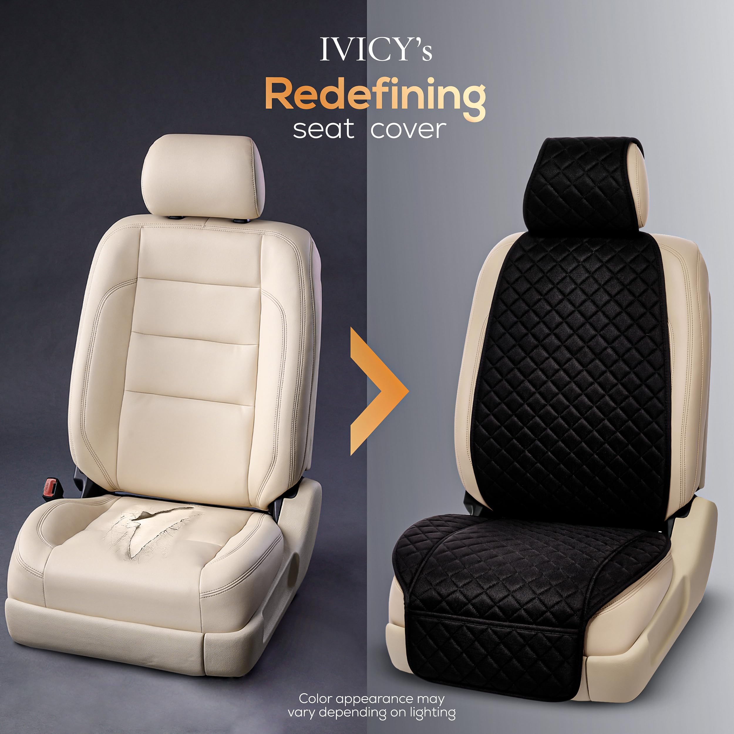 IVICY compatibility note shows fits most cars with standard front bucket seats.