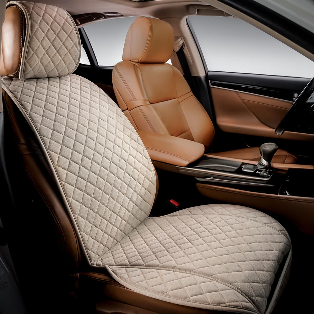 IVICY faux-linen front seat cover closeup showing durable fabric texture and protective feel.