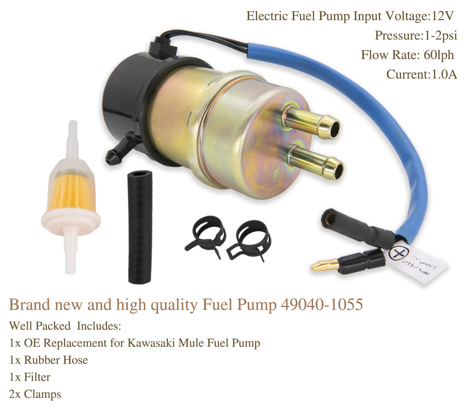 IVONNEY 49040-1055 inline pump with clamps for secure fit.