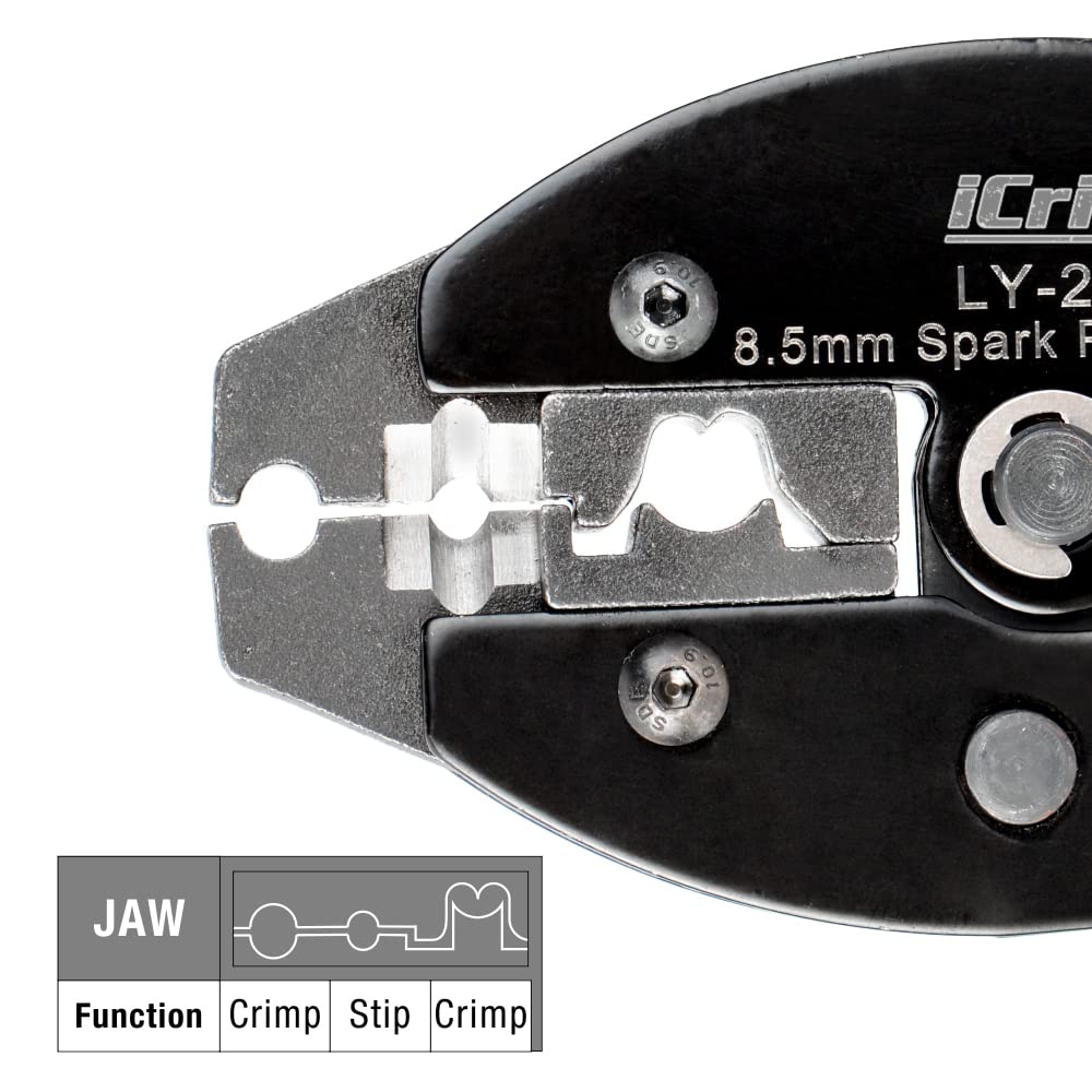 Spark plug wire diameter range 8.0–8.5 mm compatibility shown with IWISS iCrimp