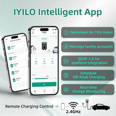 IYILO Level 2 EV Charger app screen demonstrates energy tracking and TOU scheduling.