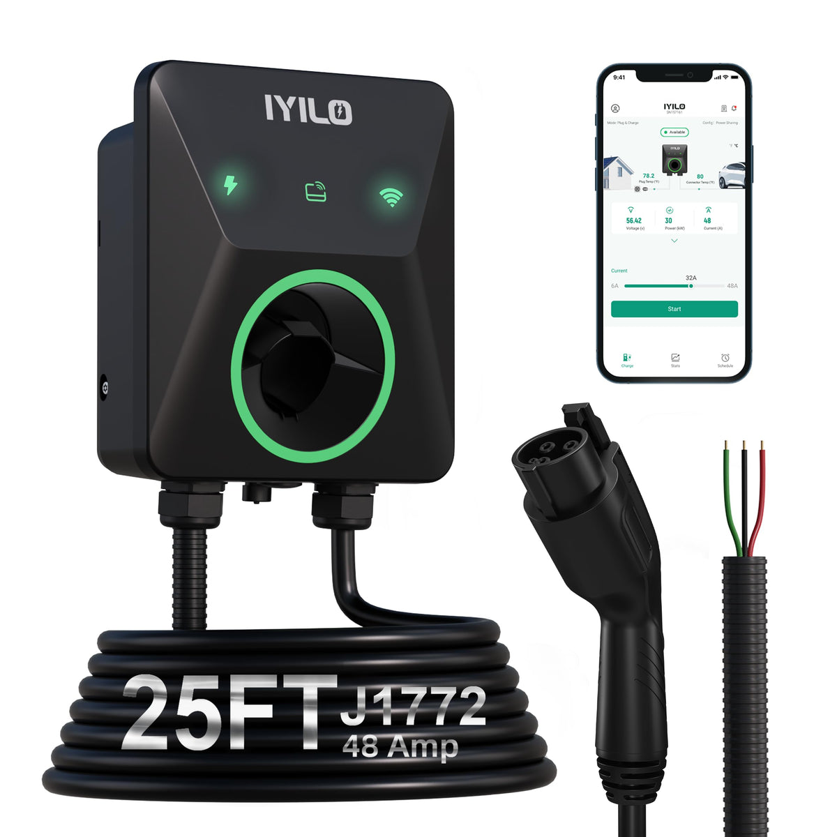 IYILO Level 2 EV Charger front view highlights compact home charging design.