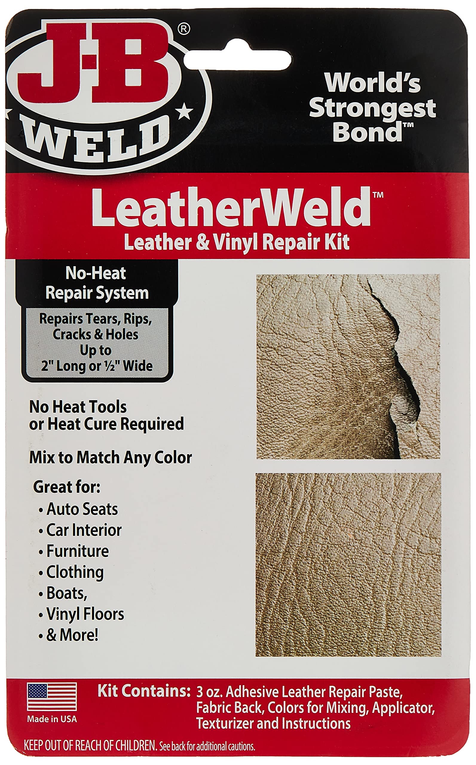 J-B Weld LeatherWeld 3oz black kit closed, ready for quick leather repairs.