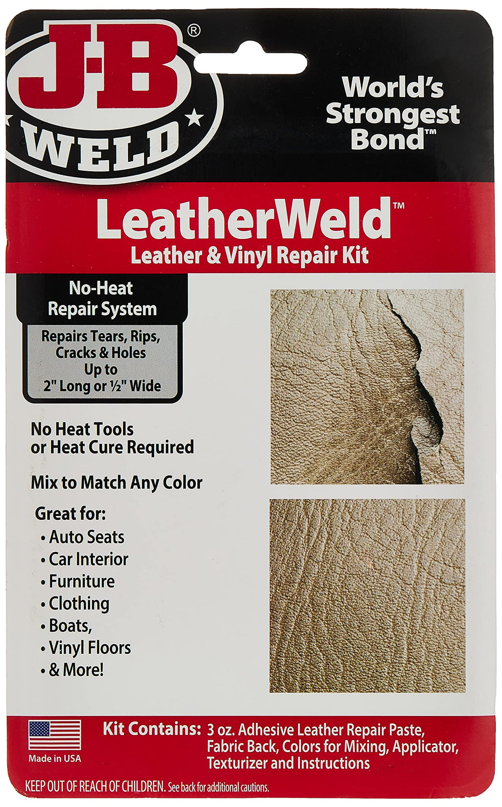 J-B Weld LeatherWeld 3oz black kit closed, ready for quick leather repairs.