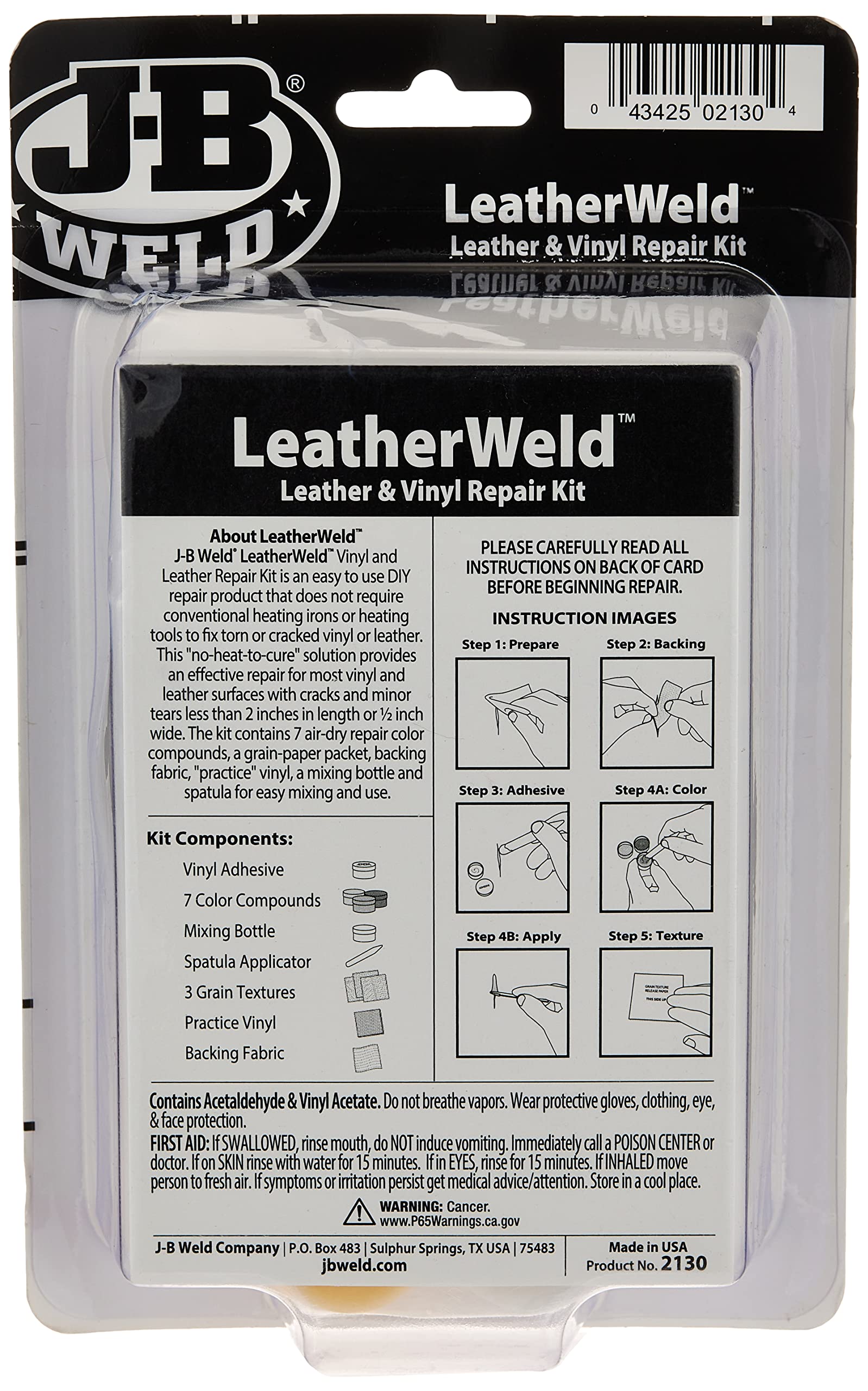 J-B Weld LeatherWeld 3oz contents image shows paste, fabric back, and applicator for durable repairs.