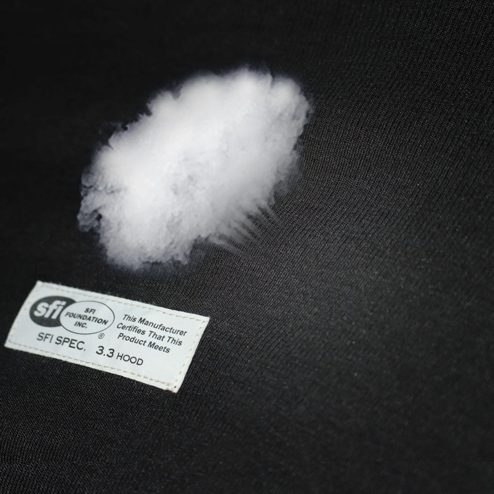 J-RACING Balaclava close-up of fire-retardant fabric highlights safety features.